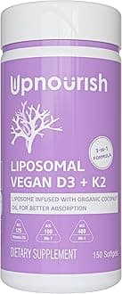 Certified Vegan Vitamin D3 5000 IU K2 MK4 MK7 500 mcg Supplement, 150 Softgels, Plant Based Liposomal Vitamin D K with Organic Coconut Oil, Non GMO, Gluten and Gelatin Free