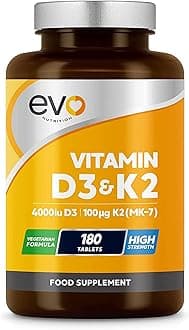 Vitamin D3 4000iu & Vitamin K2 100ug (MK7) |180 D K Vegetarian Tablets | 1-A-Day | 6 Month Supply | High Strength | Vitamin D K2 Supplement | Made in the UK | Cholecalciferol & Menaquinone