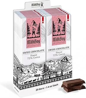 Gourmet Dark Chocolate Bar - 72% Chocolate Made in Switzerland, Kosher. Vegan Gluten Free, Dairy Free Swiss Chocolate Bars, Sustainably Farmed Cocoa Bars - 1.4 oz, 20 Pack