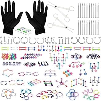 156PC Body Piercing Kit - 14G 16G 18G 20G - Belly Ring Nose Septum Tragus Ear Cartilage Industrial - Horseshoe Ring Hoop Barbell Stud Spike - Random Mix Jewelry
