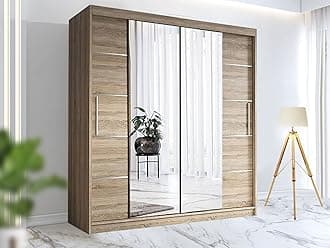 RAC3 Race to Road Modern Bedroom Sliding Wardrobe with LED Light - Ample Storage Space and Sleek Design comes in White/Grey/Black/Oak and Width 150cm/180cm/203cm/250cm (Oak, 150cm)