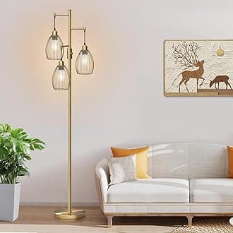 Dimmable Floor Lamp, 3 x 800LM LED Edison Bulbs Included, Farmhouse Industrial Floor Lamp Standing Tree Lamp with Elegant Teardrop Cage Tall Lamps for Living Room Bedroom Office Dining Room-Brass