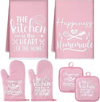 Sratte 6 Pcs Kitchen Decor Accessories Set Farmhouse Towels Pot Holders Oven Mitts Set 2 Dish Towels 2 Potholders 2 Cooking Mittens Oven Glove for Christmas Baking Cooking Supply(Pink,Kitchen)