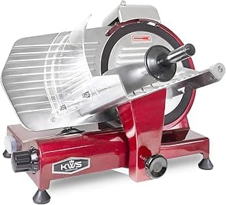 KWS MS10XT Premium Commercial 320W Electric Meat Cutter 10 Inch Red with Non Sticky Teflon Blade, Frozen Meat and Low Noise Commercial Thinning Machine