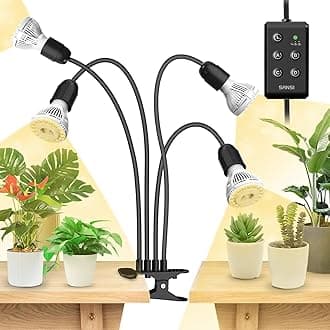 LED Grow Lights for Indoor Plants, Lifetime Free Bulb Replacement, 600W Full Spectrum 4-Gooseneck Clip Plant Grow Light, Plant Light with Timer 4/8/12 Hrs, High PPFD Growing Power Grow Lamp