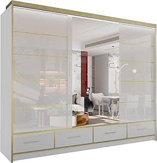 MN Furniture Sudenia High Gloss 2 & 3 Sliding Doors Wardrobe with Mirror, Drawers Cabinet with Storage Cabinets Hanging Rails Art Decor Closet in White, Black and Grey (White, 253cm)