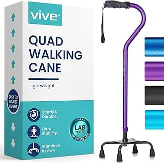 Quad Cane - Walking Stick for Men and Women - Lightweight Adjustable Staff - Comfortable Right and Left Hand Grip for Stability Support - Four Prong Sturdy Aluminum Travel Aid - 4 Tip