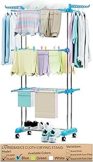 LIVINGBASICS 18 Clips with 3 Layer Finest Clothes Stand for Drying/Cloth Drying Stand/Cloth Stand for Drying Clothes Foldable/Cloth Drying Stand for Balcony/Stainless Steel Dryer Rack (Blue)