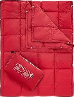 KingCamp Ultralight Camping Blanket, Packable Down Alternative Puffy Wearable Blankets Weatherproof Warm Package Quilt with Snap Buttons for Outdoor Hiking Travel Picnic Stadium (69"L x 53"W, CRIMSON)