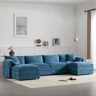 136" U-Shaped Sectional Sofa with Deep Seat, Chenille Convertible Sofa Bed Set with Double Cushions, 6-Seater Cloud Couch Modular Furniture with Movable Ottomans for Living Room, Bedroom, Blue
