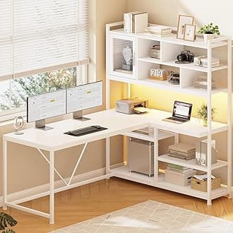 SEDETA L Shaped Computer Desk, 58'' Office Desk with LED Light and Bookshelf, L Shaped Corner Desk with Storage Shelves for Home Office, Gaming Desk, L Desk, White