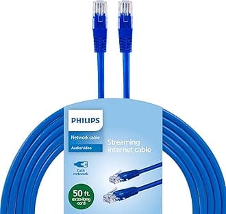 Philips Cat6 Ethernet Cable, Extra Long 50 Ft Cord, 10 Gbps, 250Mhz, RJ45M Connector, for Computer, Game Console, Cable/DSL Modem, Network Switch, Streaming Device, Blue, SWR3533GR/37