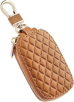 Stylish Car Key Case with Keychain and Zipper - Genuine Leather Car Key Case Holder for Remote Key Cover Replacement (Brown)