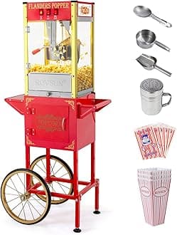 ROVSUN Miuphro Popcorn Machine w/Cart & Wheels, 8 Ounce Kettle Popcorn Maker w/ Single Door, Popcorn Scoop, Oil Spoon & 3 Popcorn C.