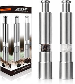 [2 Pieces] Premium Stainless Steel Salt Grinder and Pepper Mill Set for Pepper Sea Salt Himalayan Salt and Spices with Thumb Button for One Hand Operation