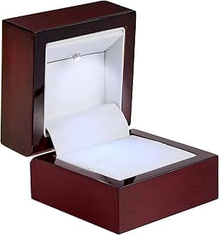 ALLURE BOX & DISPLAY COMPANYLuxury Ring With LED Light, Authentic Mahogany Wood With White Leatherette Insert, Square Elegant Diamond Ring Case, For Unique Proposal Or Wedding, Small Jewelry Gift .