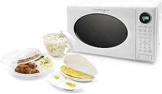 Nostalgia Modern Retro Countertop Microwave Oven - 700-Watt - 0.7 cu ft - Retro Microwave and Accessory Bundle with Popcorn Popper, Egg Poacher / Omelet Cooker, and Divided Plate with Cover - White