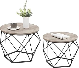 VASAGLE LET040B02 Round Coffee Table, Set of 2, Side Table, Sofa End, Industrial Style, Removable Tray, Steel Frame, for Living Rooms, Grey-Beige and Black
