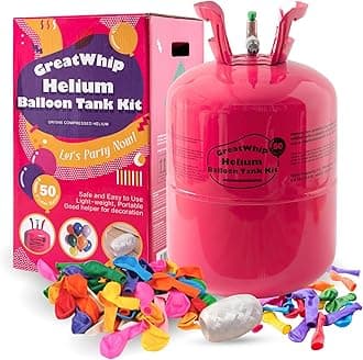 GreatWhip 13L Helium Tank Up To 50 Latex Balloons, Helium Tank For Balloons At Home, 50 Latex Balloons And Ribbons Included.