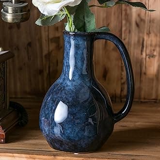 Blue Ceramic Vase with Big Handles, Modern Farmhouse Decor, Rustic Pottery for Flowers, Decorative Terracotta Centerpiece for Dining Table