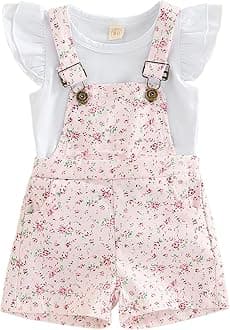 Toddler Baby Girl Overalls Romper Outfit Kids Ruffle Sleeve Tops T-Shirt + Floral Suspender Pocket Shorts Clothes Set