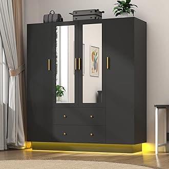 jiteentarou 4 Door Wardrobe Closet with Mirrors and LED Lights, Bedroom Armoire with Drawers and Shelves, Modern Wooden Armoire Wardrobe Closet with Hanging Rod for Bedroom, Black