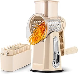 Rotary Cheese Grater with Handle - Vegetable Shredder with 5 Well-designed Blades & Strong Suction Base,Round Mandoline Slicer & Food Chopper for Kitchen,with Blade Storage Box(Beige)