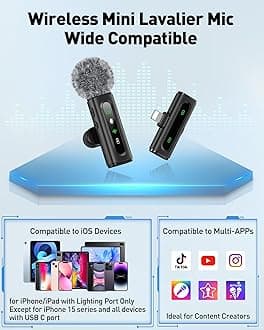 Wireless Lavalier Microphone for iPhone Recording Clip-on Mini Mic for iPhone/for iPad Video Recording with Rotatable Clip&Denoise Recording, Portable Mic Set for Content Creators