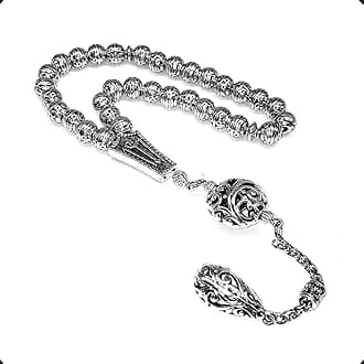 ALBATROSART -Antique Silver Plated Collection-Worry Beads-Prayer Beads-Tesbih-Tasbih-Tasbeeh-Misbaha-Masbaha-Subha-Sebha-Sibha (Antique Silver Plated with Drop Tassel -8mm 33 Beads-)