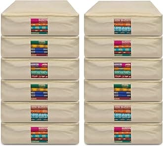 JD FRESH 12 Pcs Cotton Saree Covers/Storage Bags with Zip Cover/Space Saving Bag with Mesh Window/Wardrobe-Cupboard Organizer for Clothes/Lehengas/Bedsheets/Gowns(18 X 16 x 4.5 Inch/Brown)