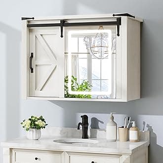 DWVO Farmhouse Medicine Cabinet Mirror with Lights, Bathroom Wall Cabinet w/Rustic Sliding Barn Door, Bathroom Storage Cabinet Organizer with Adjustable Shelf, Memory 3-Color Mode LED, 32" White Oak