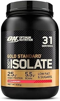 Optimum Nutrition ON Gold Standard 100% Isolate Pure Whey Protein, Naturally Occurring BCAAs and Glutamine, Pre and Post Workout, Strawberry Flavour, 31 Servings, 930 g