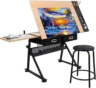 Drafting Desk Drawing Table Desk Tiltable Tabletop Adjustable Height w/ Stool and Drawer for Reading, Writing Art Craft Work Station