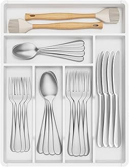 Lifewit Cutlery Drawer Organiser,Plastic Cutlery Tray for Kitchen, Small Flatware Silverware Knife & Fork Organiser for Deeper Drawer, Kitchen Countertops Tableware Holder,6 Compartment, White