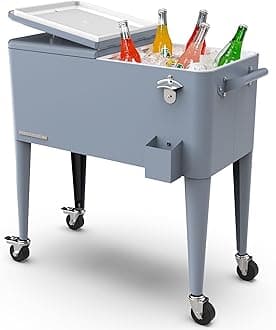 Permasteel 80-Qt Classic Outdoor Patio Cooler for Outside Beverage Rolling Cooler Bar Cart with Wheels & Handles, Retro Design, Blue