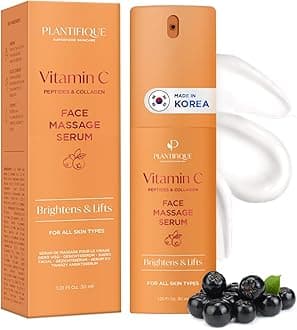 Plantifique Vitamin C Serum Face Korean Skin Care Anti Ageing Gua Sha Massage With Blackcurrant, Peptides, Collagen - Pigment Spots, 30 Ml