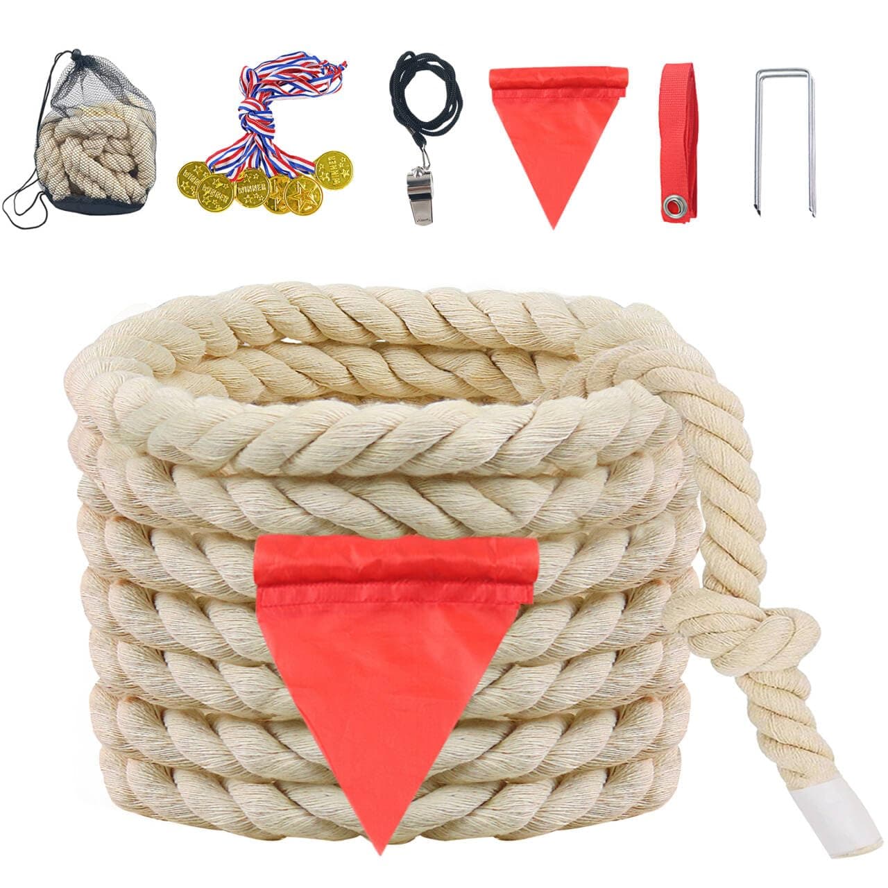 Tug of War Rope for Kids and Adults, Natural Twisted Cotton Rope, Outdoor Games Set Perfect for Carnival Team Building Activities, Field Day Family Reunion Birthday Party Game, Outside Yard Lawn Games