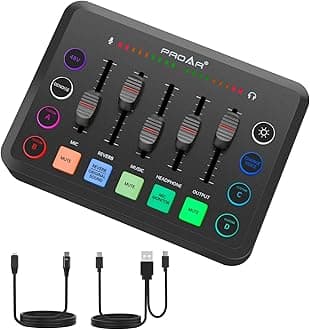 PROAR Audio Mixer,Podcast Equipment Bundle with Audio Interface for PC Phone,RGB DJ Mixer with Vocal Effects,Sound Board,Professional Sound Card for Live Streaming/Podcasting/Gaming/Recording/Youtube