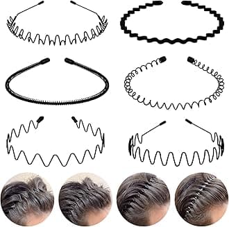 fenshine Metal Hair Bands Feather Wavy Headband Unisex Black Wavy Headband Polished Backwards Non-Slip Sports Hair Band for Women Men 6 Pack