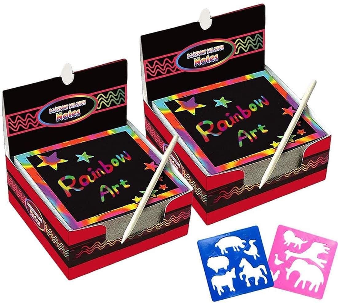KASTWAVE Scratch Paper, 200 Sheets Rainbow Scratch Paper, Scratch Paper Combo Art Set Rainbow Art Doodle Pad Colorful with 4 Drawing Template Stencil Rulers and 4 Wooden Styluses
