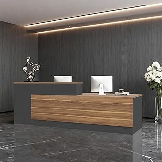Modern L-Shaped Reception Desk with Hutch, Reception Counter Table, Lockable Drawer Door Cabinet, Office Wooden Computer Front Desk (European Oak+lron Gray-Left Cabinet, 110L*24" W*41" H)