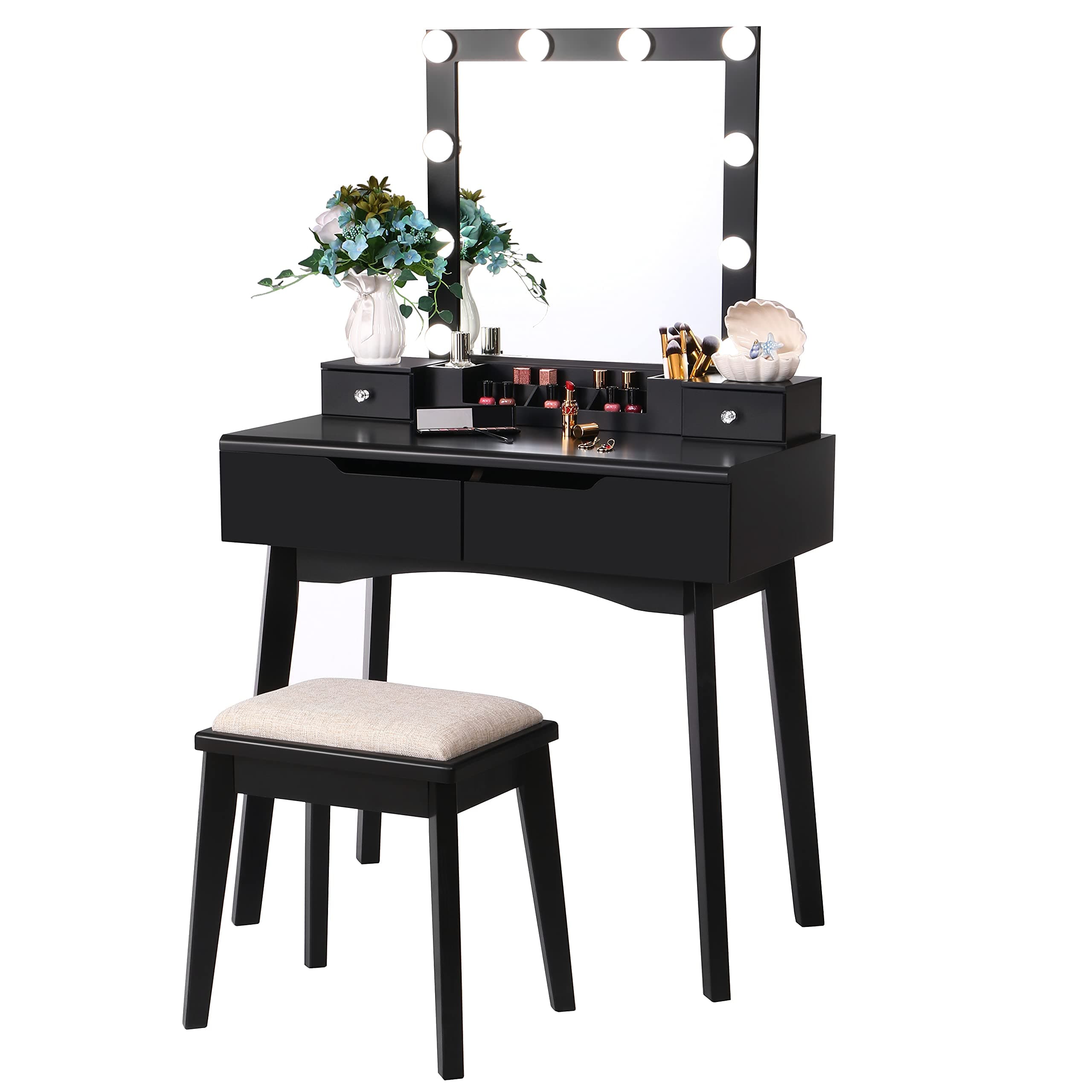 BEWISHOME Vanity Desk with Lighted Mirror, Makeup Table with Lights, Black Small Vanity Set Makeup Desk with 4 Drawers 2 DIY Dividers Removable Organizer Stool,Dressing Table for Girls Bderoom FST10H