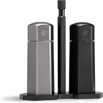 Tabletop Salt and Pepper Mill Set and Carrying Caddy Holder with Adjustable Coarseness Settings