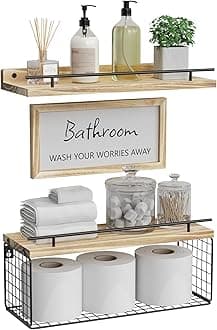 WOPITUES Floating Shelves for Bathroom Wall Decor Sign, Bathroom Organizers and Storage, Bathroom Shelves Over Toilet with Metal Guardrail-Light Brown