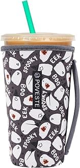 Reusable Neoprene Insulator Sleeve for Iced Coffee & Cold Soda, Coffee Sleeves for Iced & Hot Drinks, Cold Beverage Cooler Compatible with Starbucks, Dunkin (Halloween Boo, Large: 32oz)