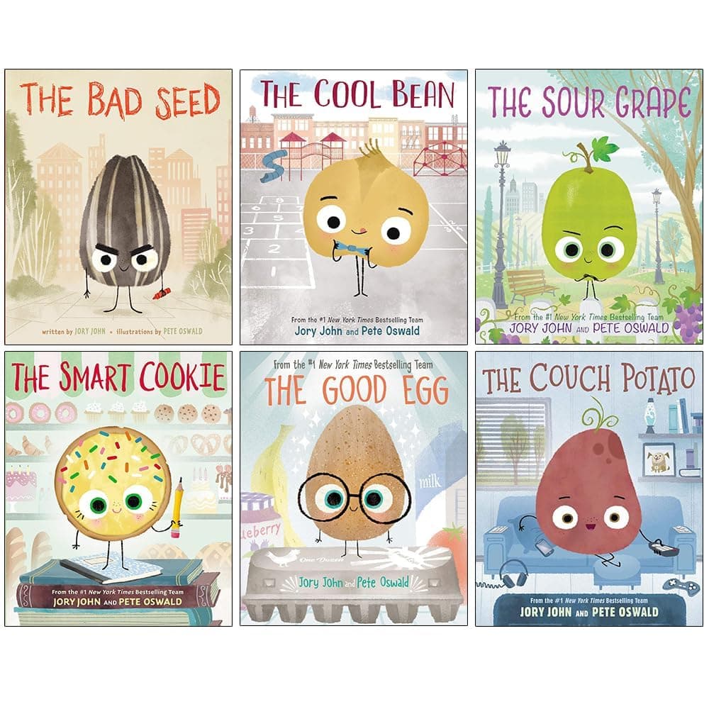 Jory John Set 7 Books: Great Eggscape, Good Egg, Bad Seed, Cool Bean, Couch Potato, Smart Cookie, Sour Grape