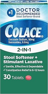 Colace 2-in-1 Stool Softener Plus Stimulant Laxative Tablets, 30 Count, Gentle Constipation Relief, Docusate Sodium Plus Sennosides