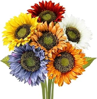 Olrla Long Stem Artificial Sunflower for Tall Vase, Silk Fake Fall Sunflowers for Home Wedding Party Decoration (6 Mixed Colors)