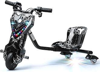 Drift Trike, Electric Drift Trike, Big Wheel Drifting Tricycle for Ages 8+ with Strong Steel Frame, Ride-On Kids Tricycle with Adjustable Seat & Multi-Color LED Lights, Ride-On Kids Bike Black White