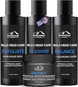Mountaineer Brand Bald Head Care Gifts For Bald Men | All Natural 4 Step Daily Skin Care for Healthy Scalp & Face | Exfoliate Scrub | Cleanse Wash | Shine Away PH Balance | Protect Moisturizing Balm